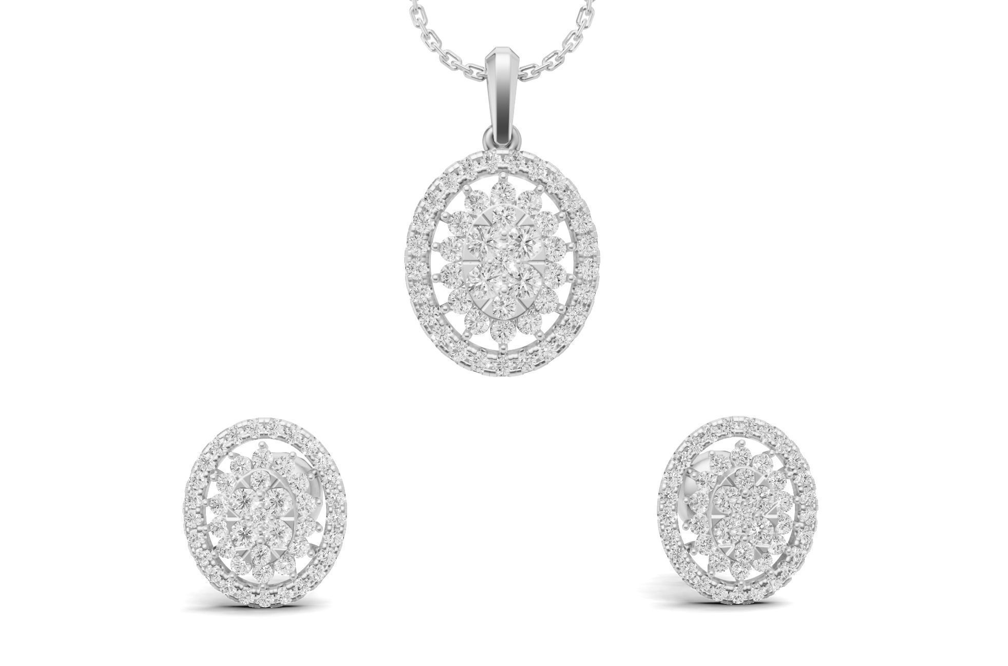 Oval Cluster Diamond Pendant With Earrings 3D print model_2