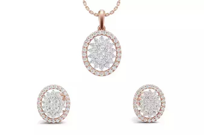 Oval Cluster Diamond Pendant With Earrings