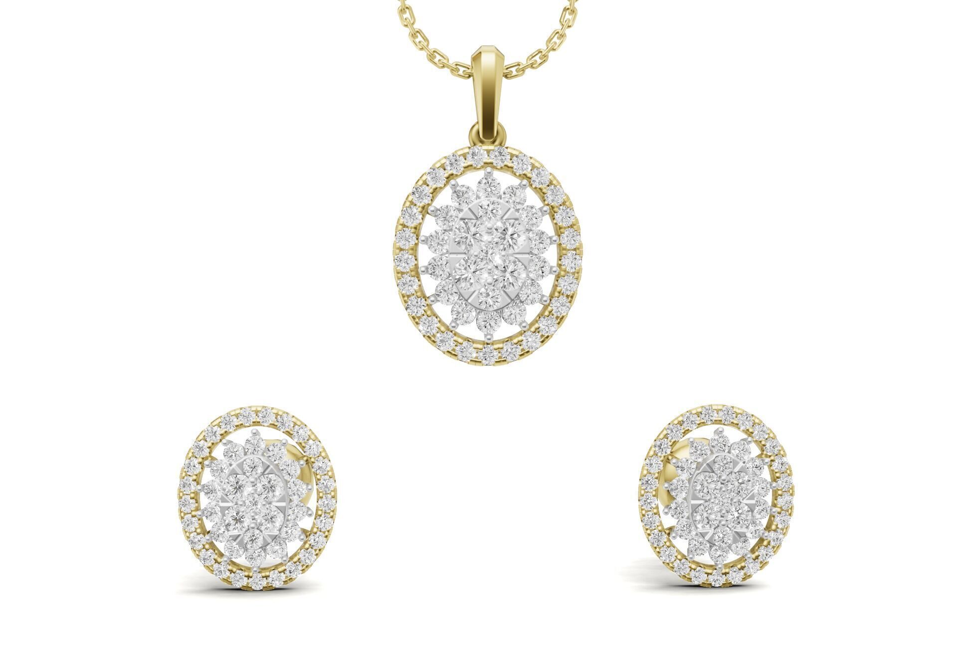 Oval Cluster Diamond Pendant With Earrings 3D print model_1