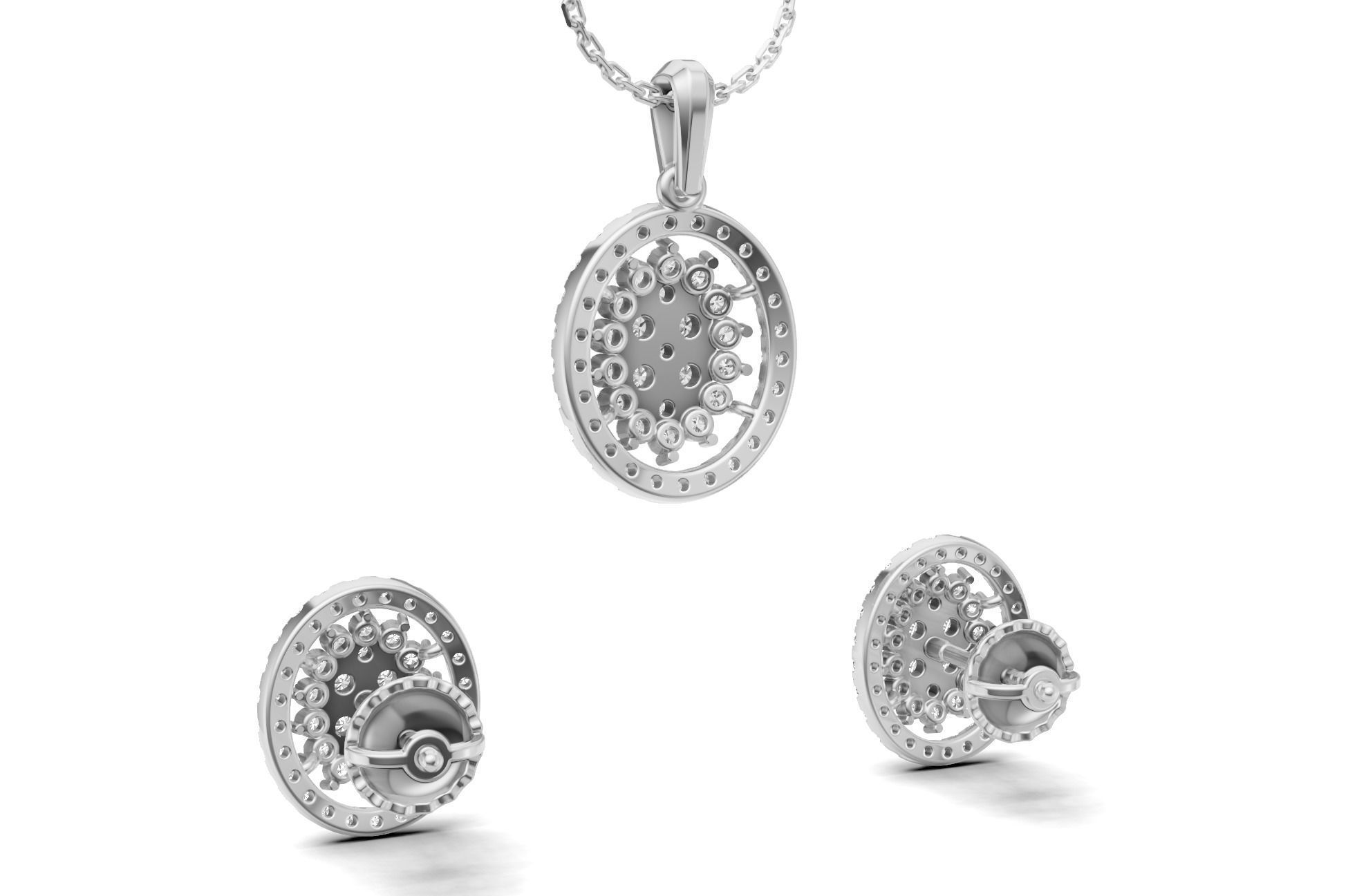 Oval Cluster Diamond Pendant With Earrings 3D print model_11