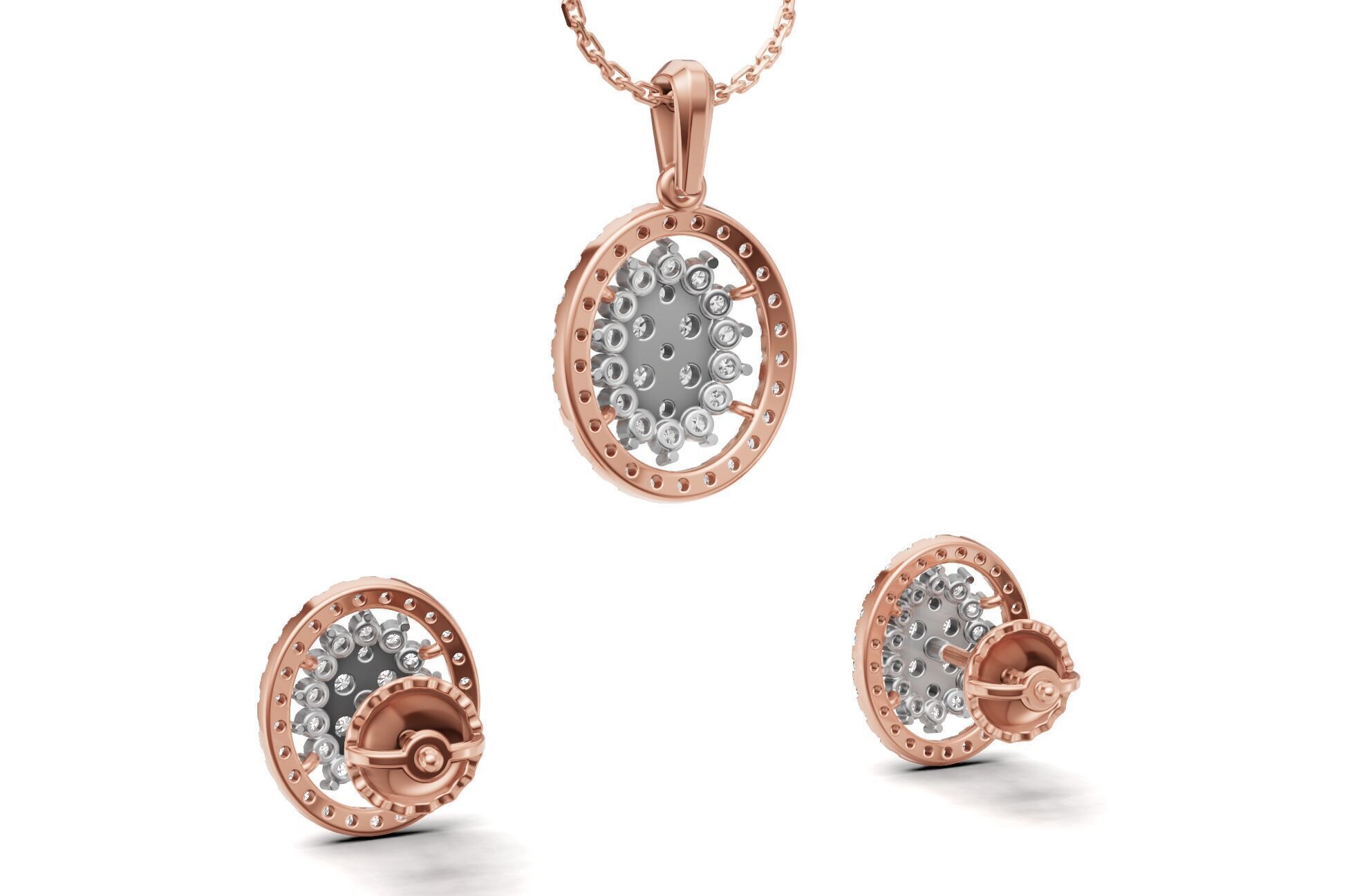Oval Cluster Diamond Pendant With Earrings 3D print model_12