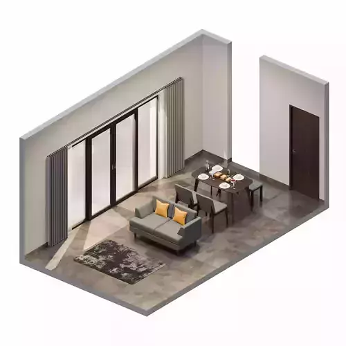 Isometric Open Space Dining Living Room