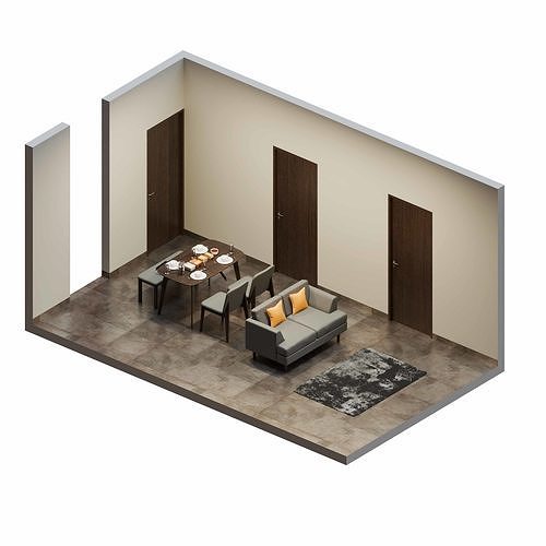 Isometric Open Space Interior Dining Living Room 3D model