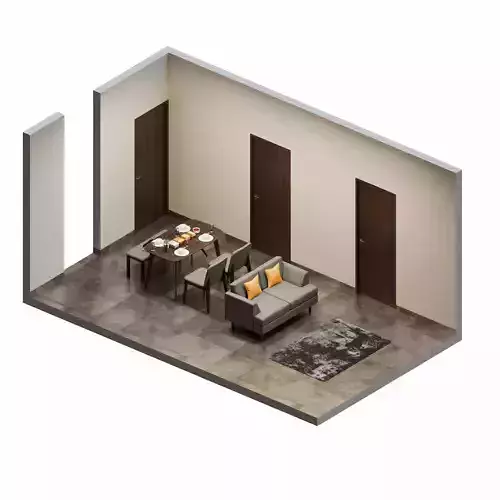 Isometric Open Space Interior Dining Living Room