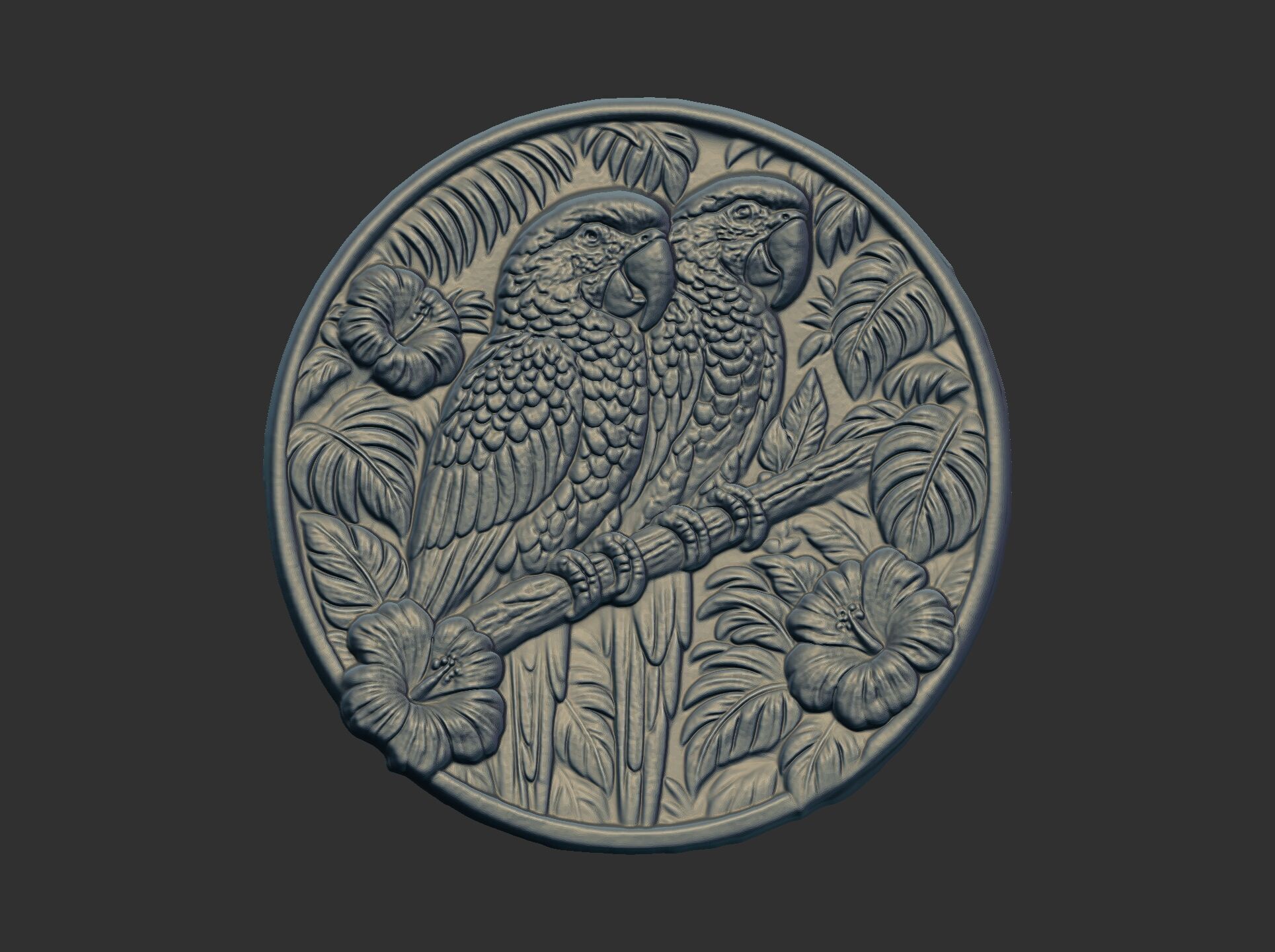 two parrots perched on a branch within a circular frame 3D print model_1