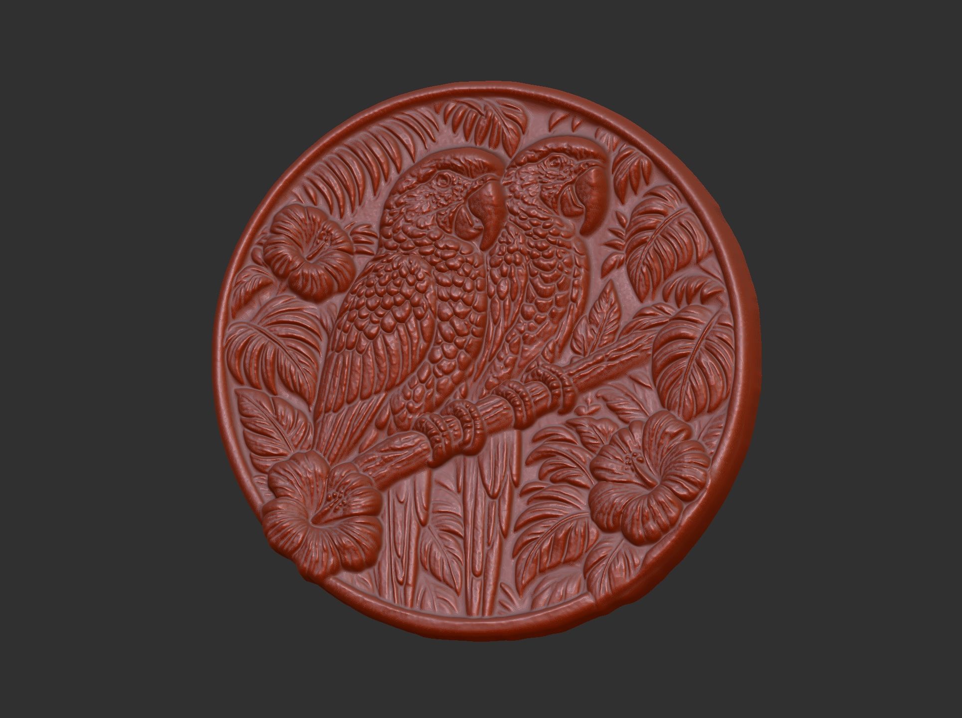 two parrots perched on a branch within a circular frame 3D print model_15