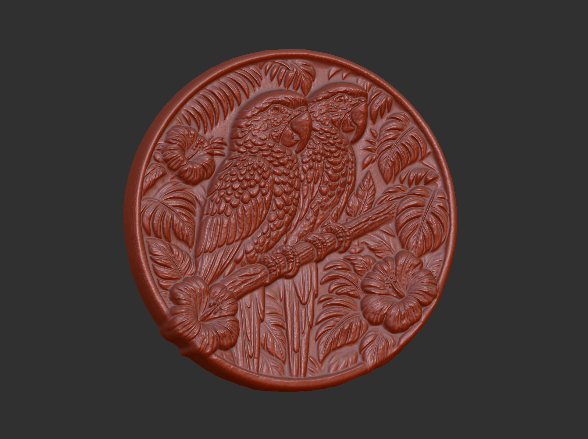 two parrots perched on a branch within a circular frame 3D print model_14