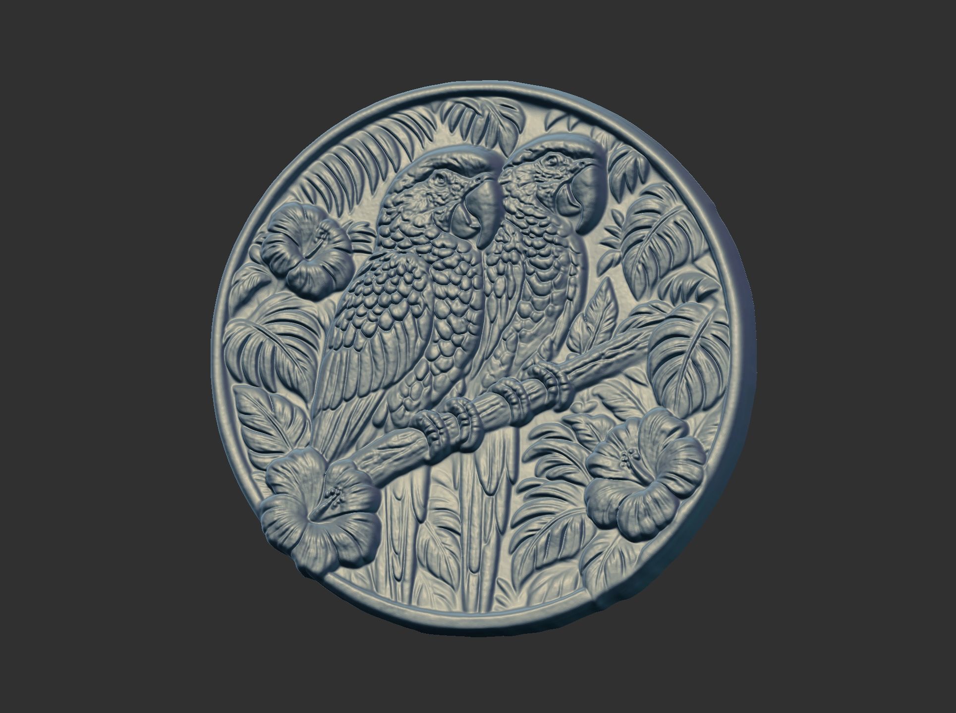 two parrots perched on a branch within a circular frame 3D print model_16