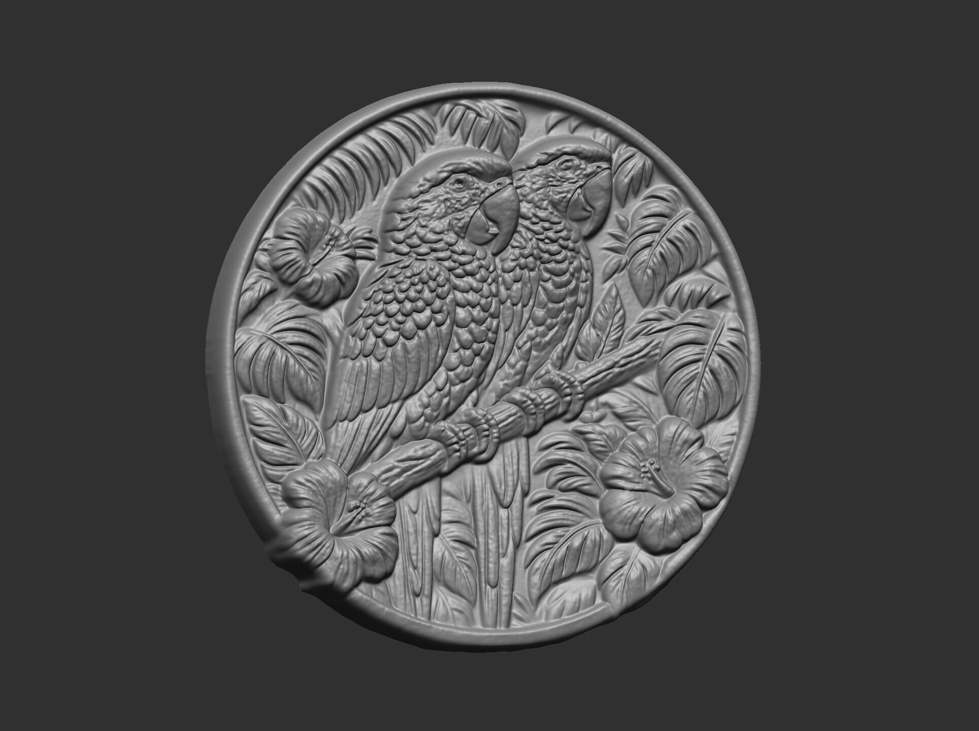 two parrots perched on a branch within a circular frame 3D print model_12