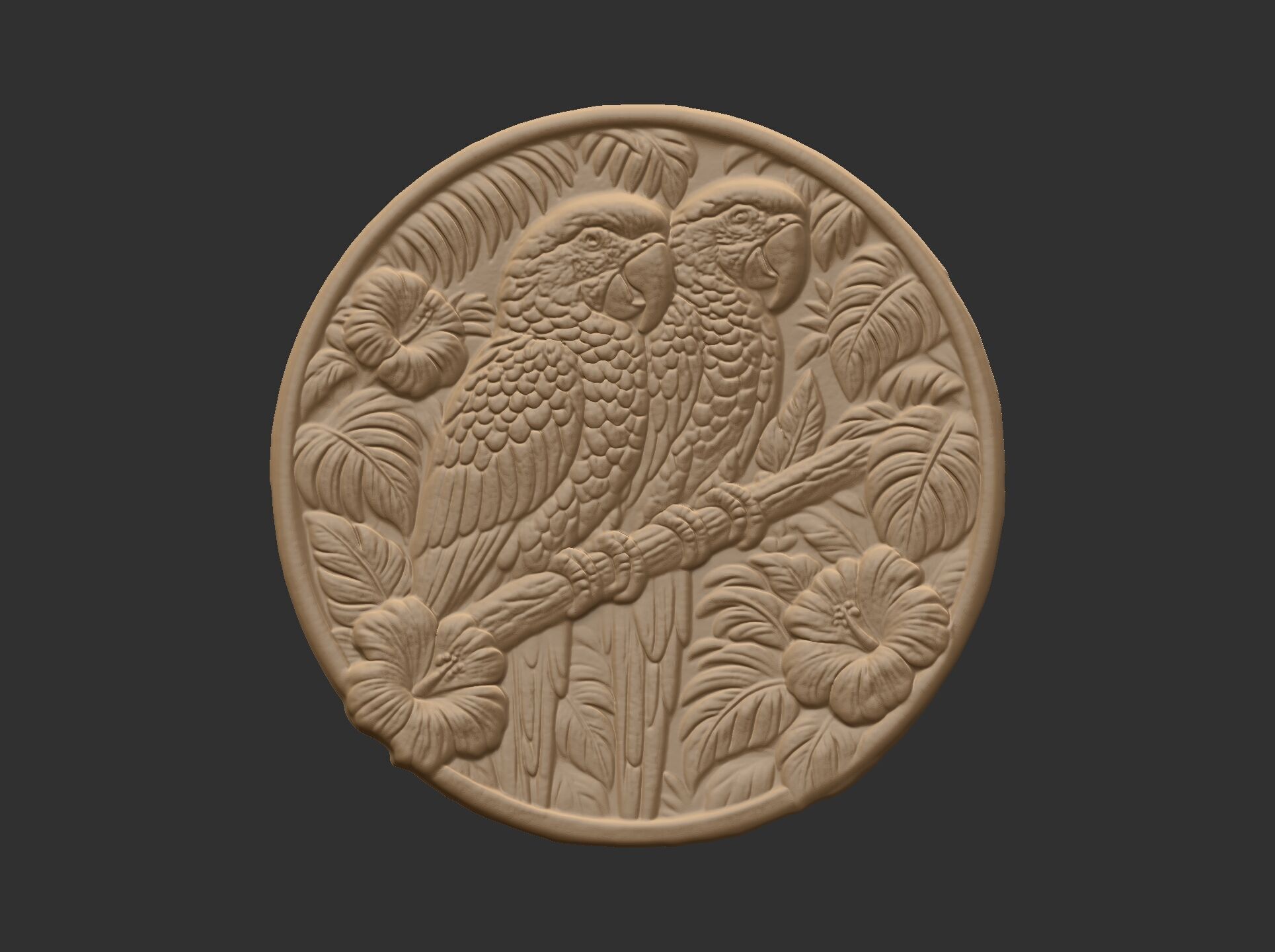 two parrots perched on a branch within a circular frame 3D print model_5