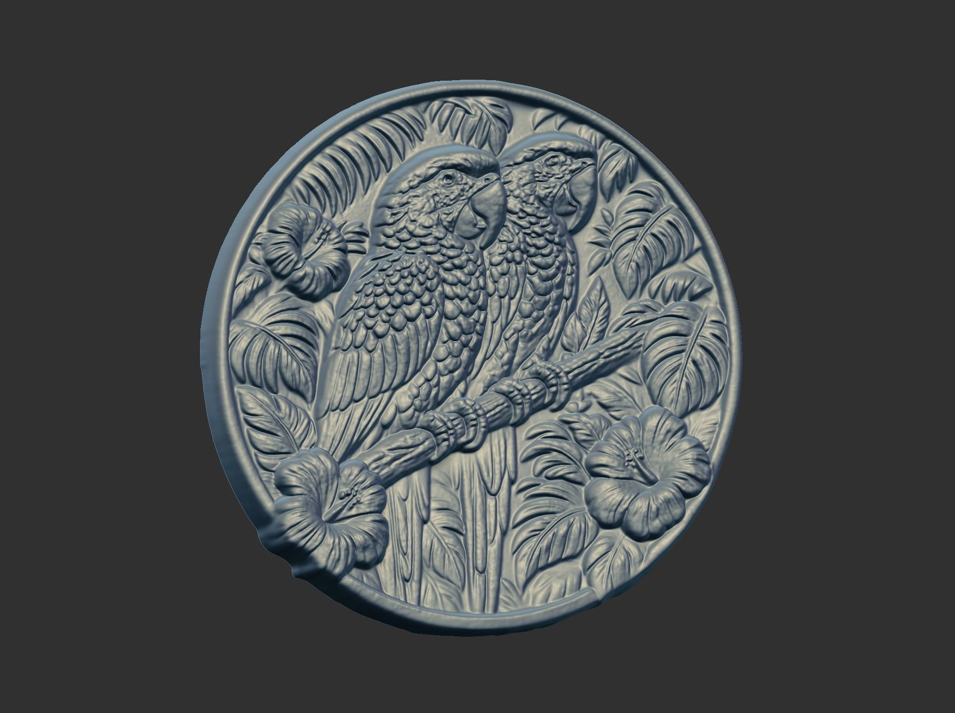 two parrots perched on a branch within a circular frame 3D print model_13