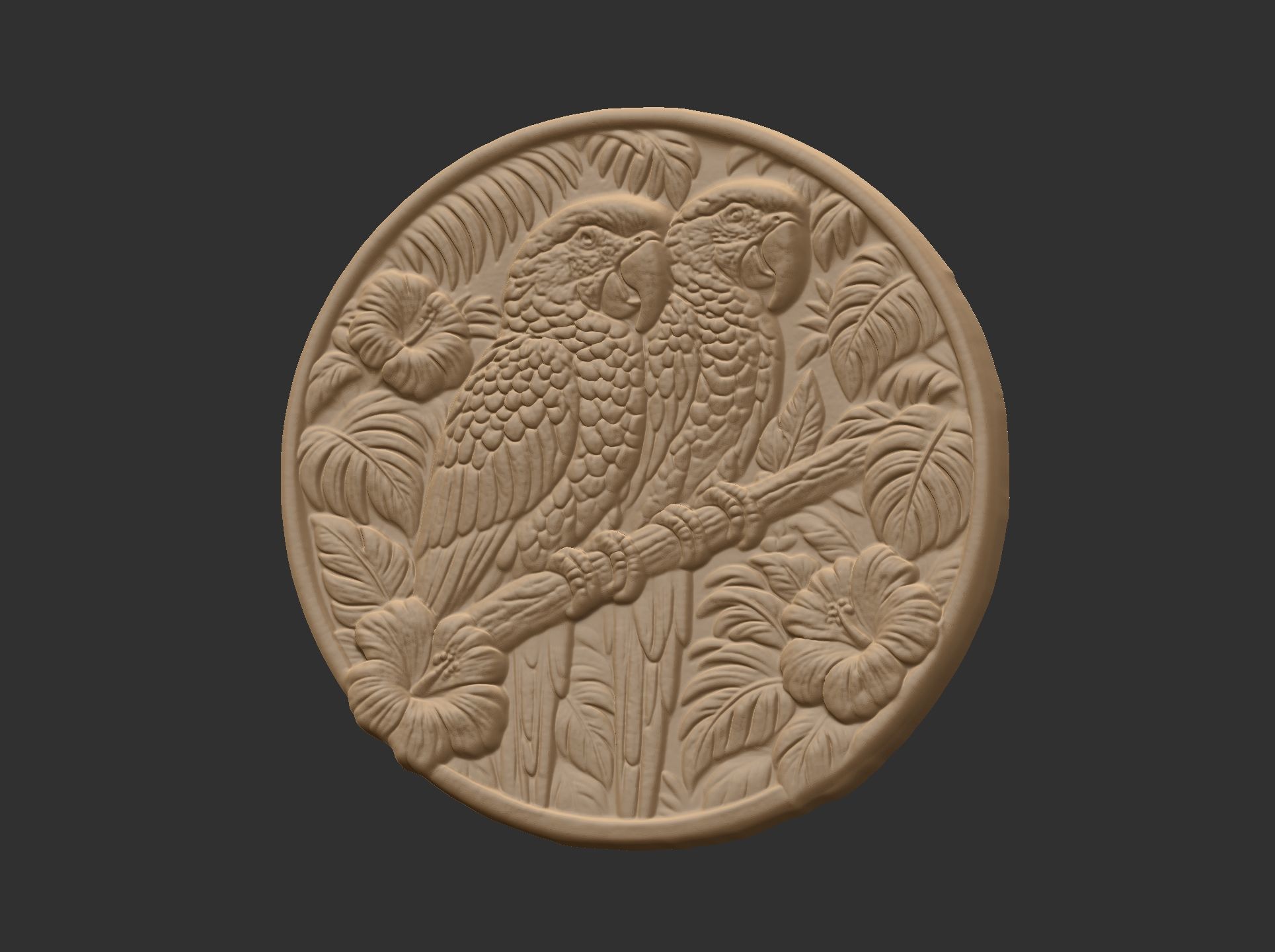 two parrots perched on a branch within a circular frame 3D print model_4