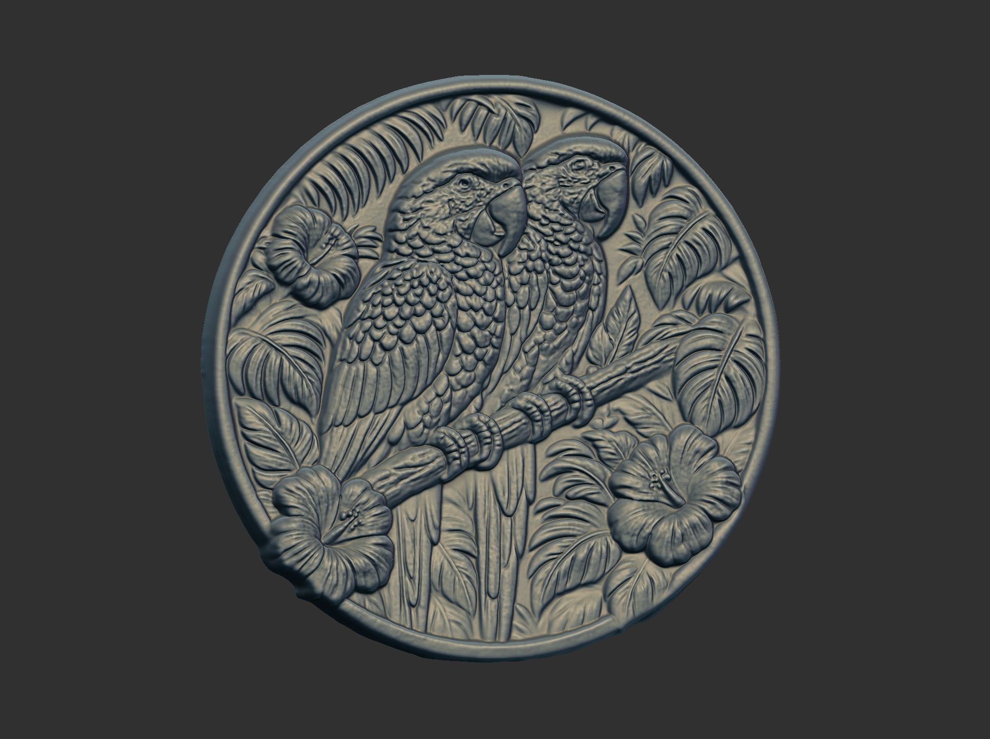 two parrots perched on a branch within a circular frame 3D print model_2