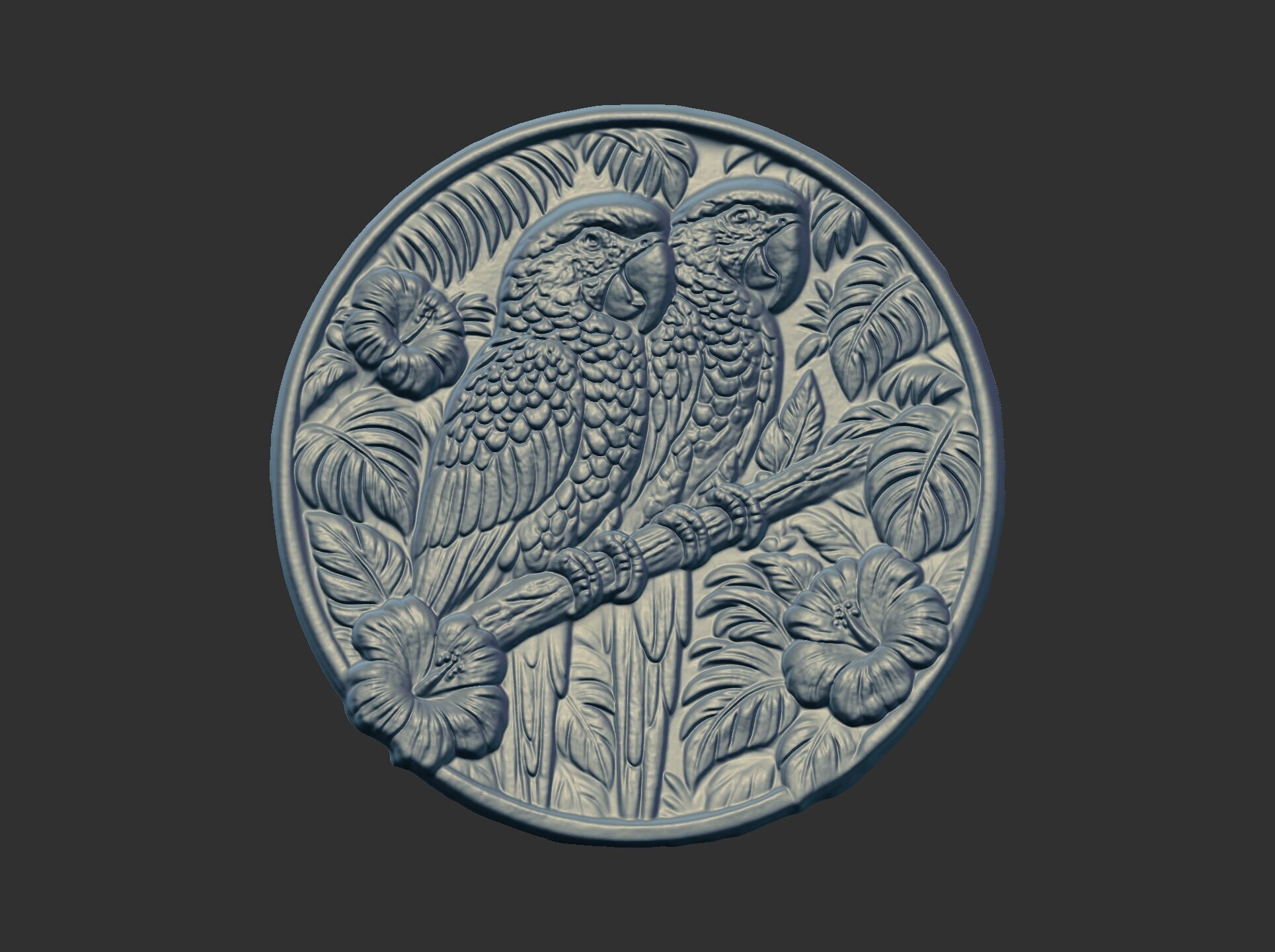 two parrots perched on a branch within a circular frame 3D print model_8
