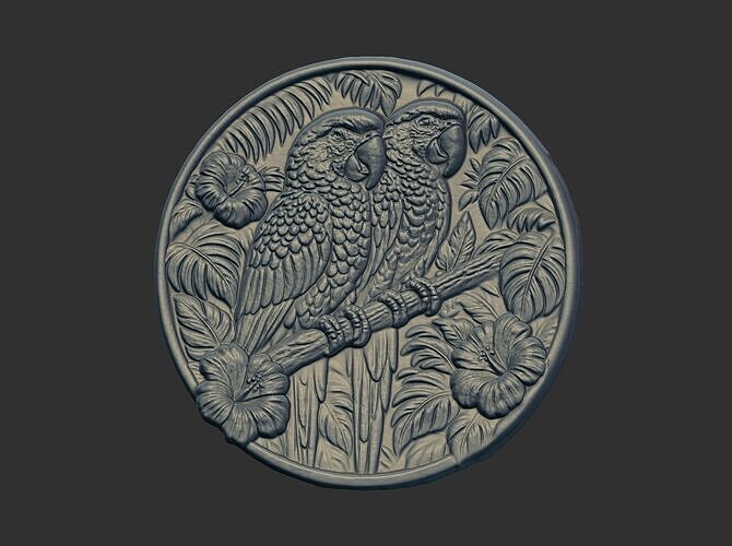 two parrots perched on a branch within a circular frame 3D print model