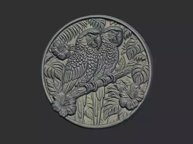 two parrots perched on a branch within a circular frame 3D print model