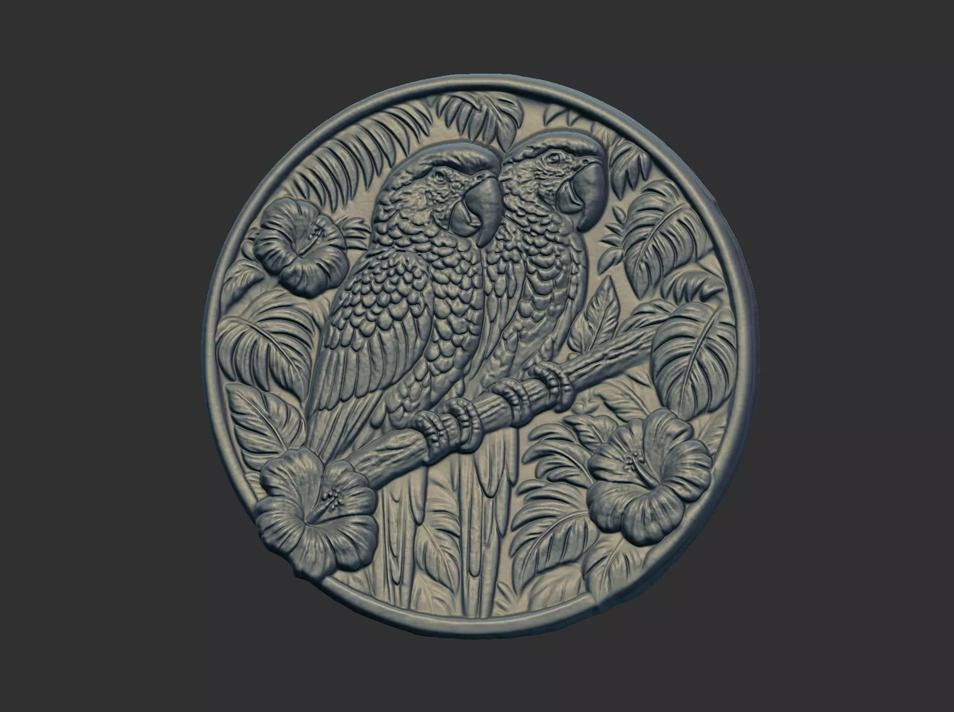 two parrots perched on a branch within a circular frame 3D print model_0