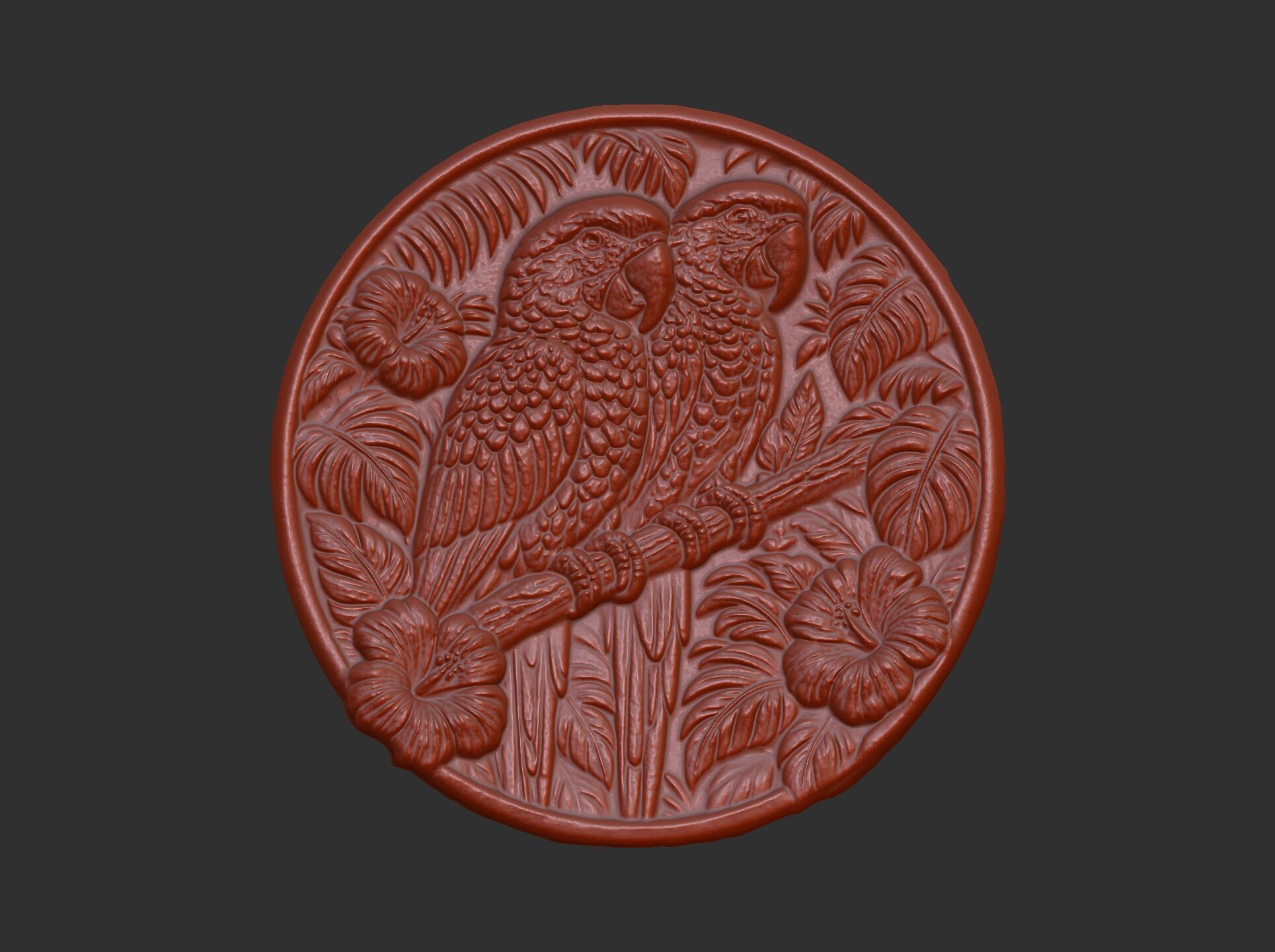 two parrots perched on a branch within a circular frame 3D print model_9