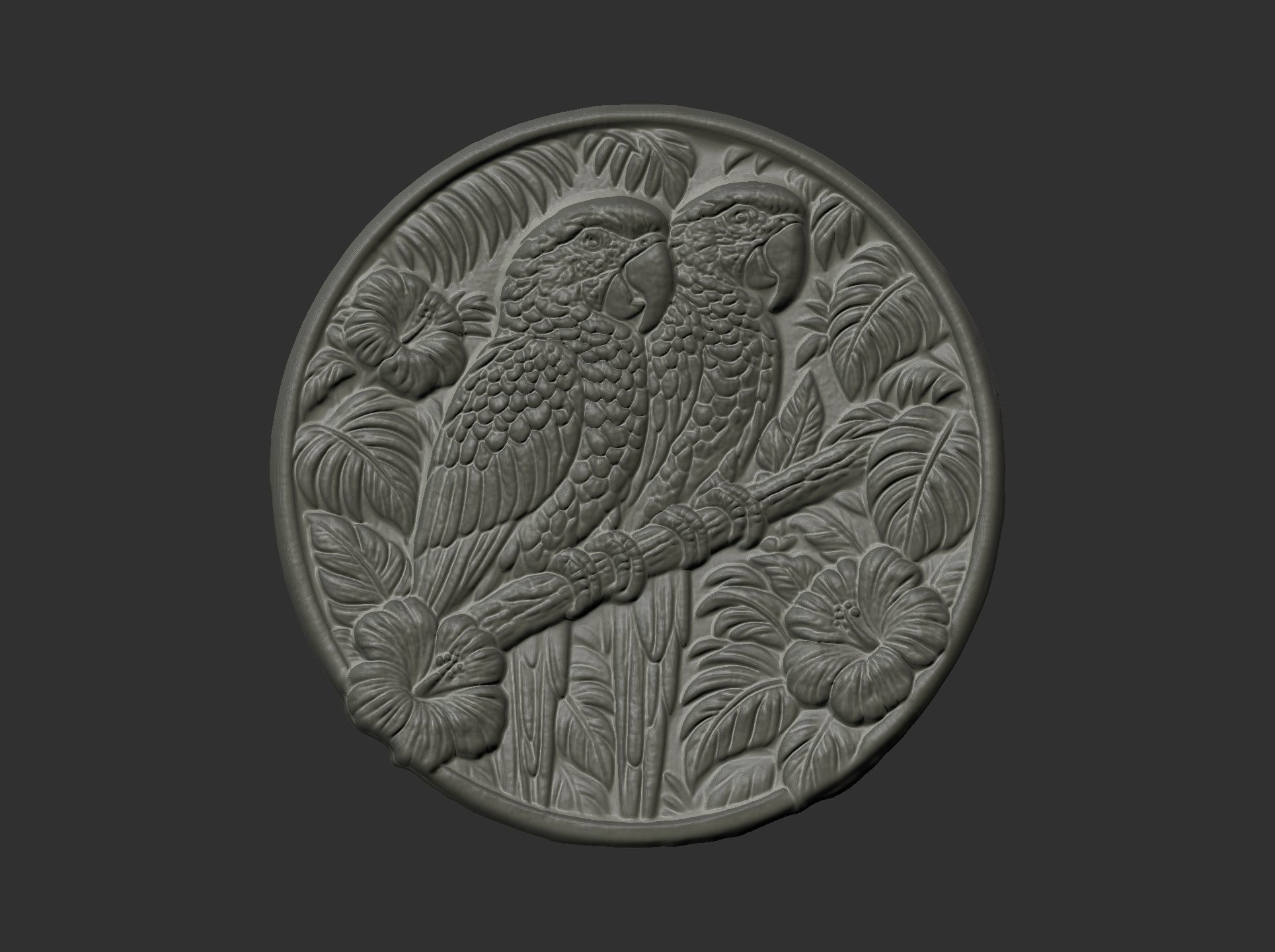 two parrots perched on a branch within a circular frame 3D print model_6