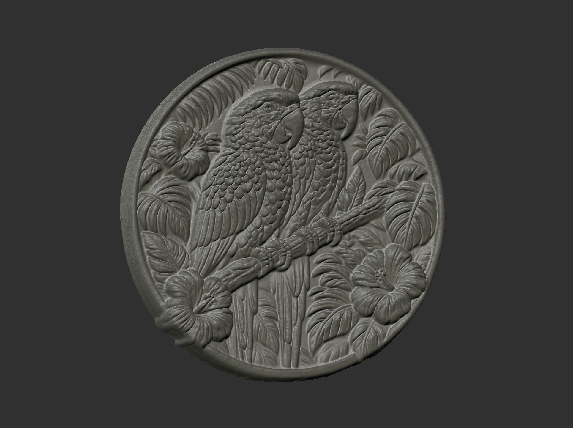 two parrots perched on a branch within a circular frame 3D print model_11