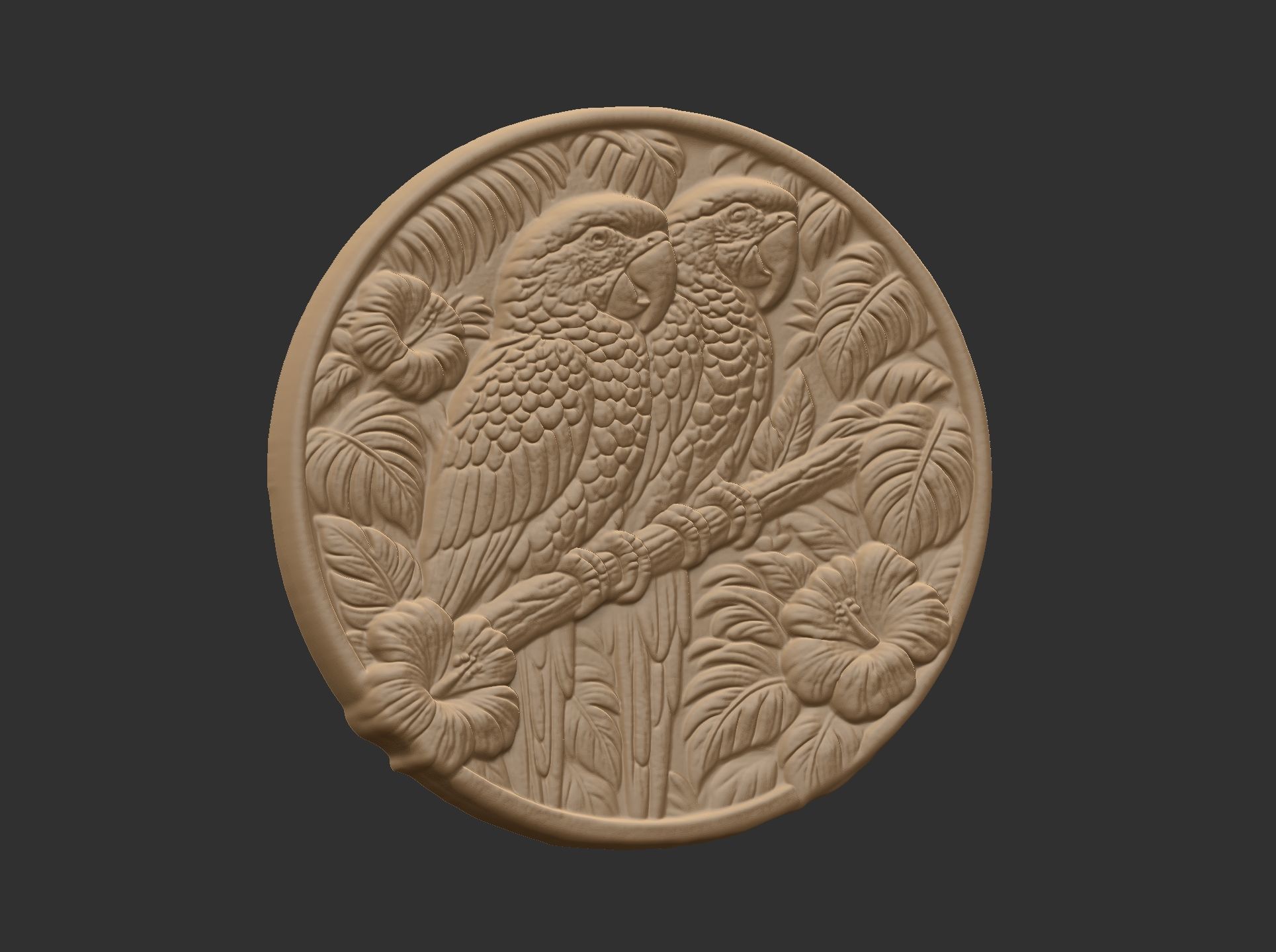 two parrots perched on a branch within a circular frame 3D print model_10