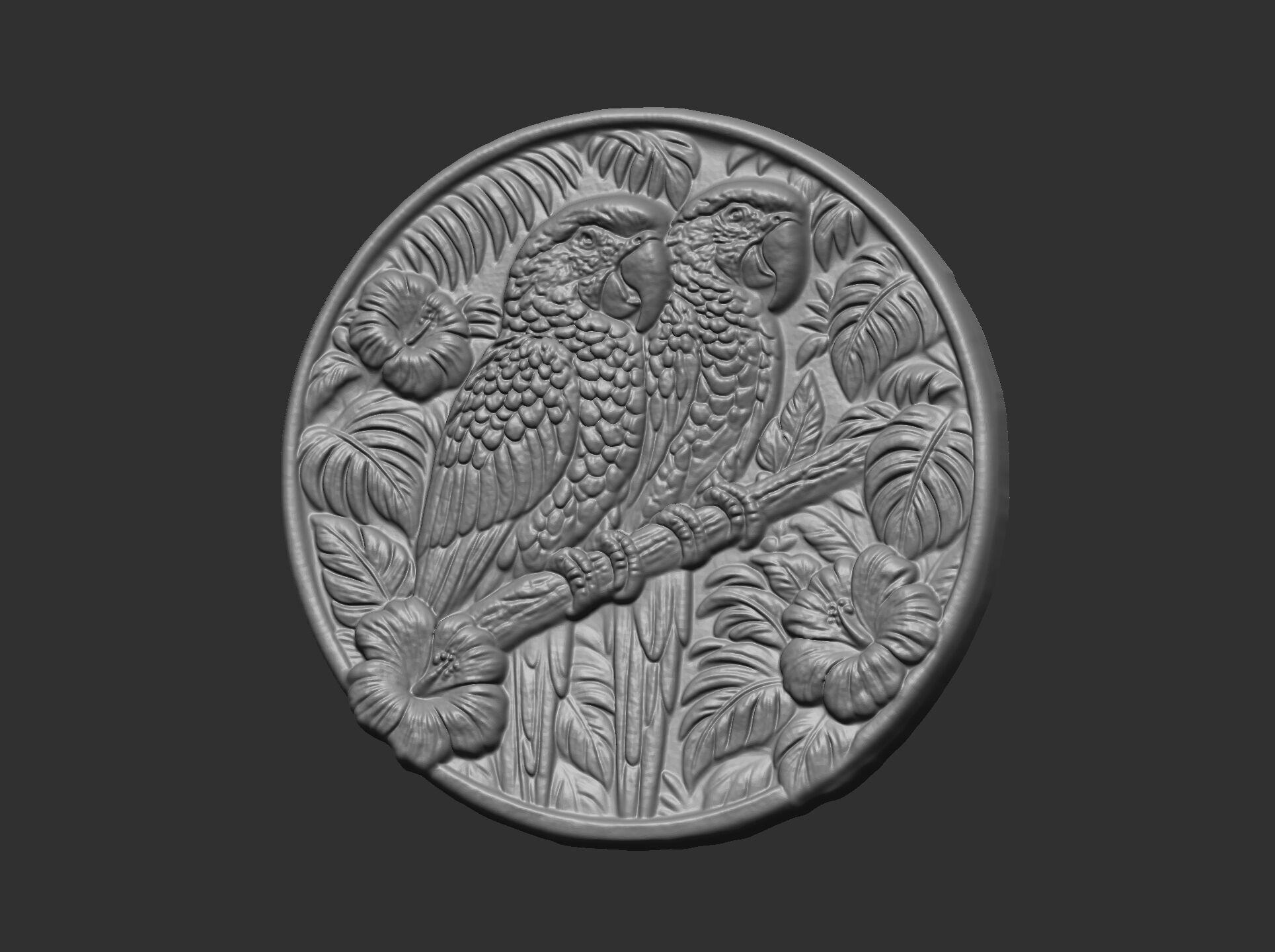 two parrots perched on a branch within a circular frame 3D print model_17