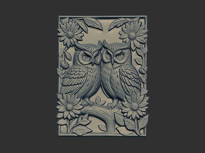 two owls perched on a branch cnc model 3D print model