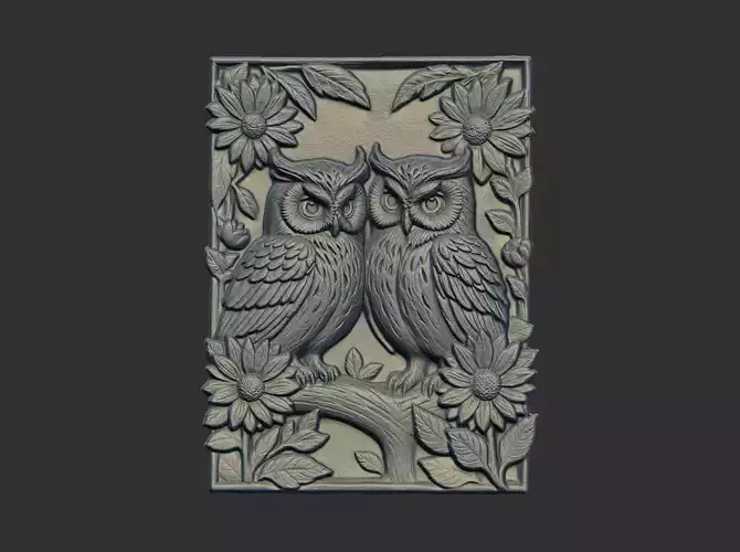 two owls perched on a branch cnc model