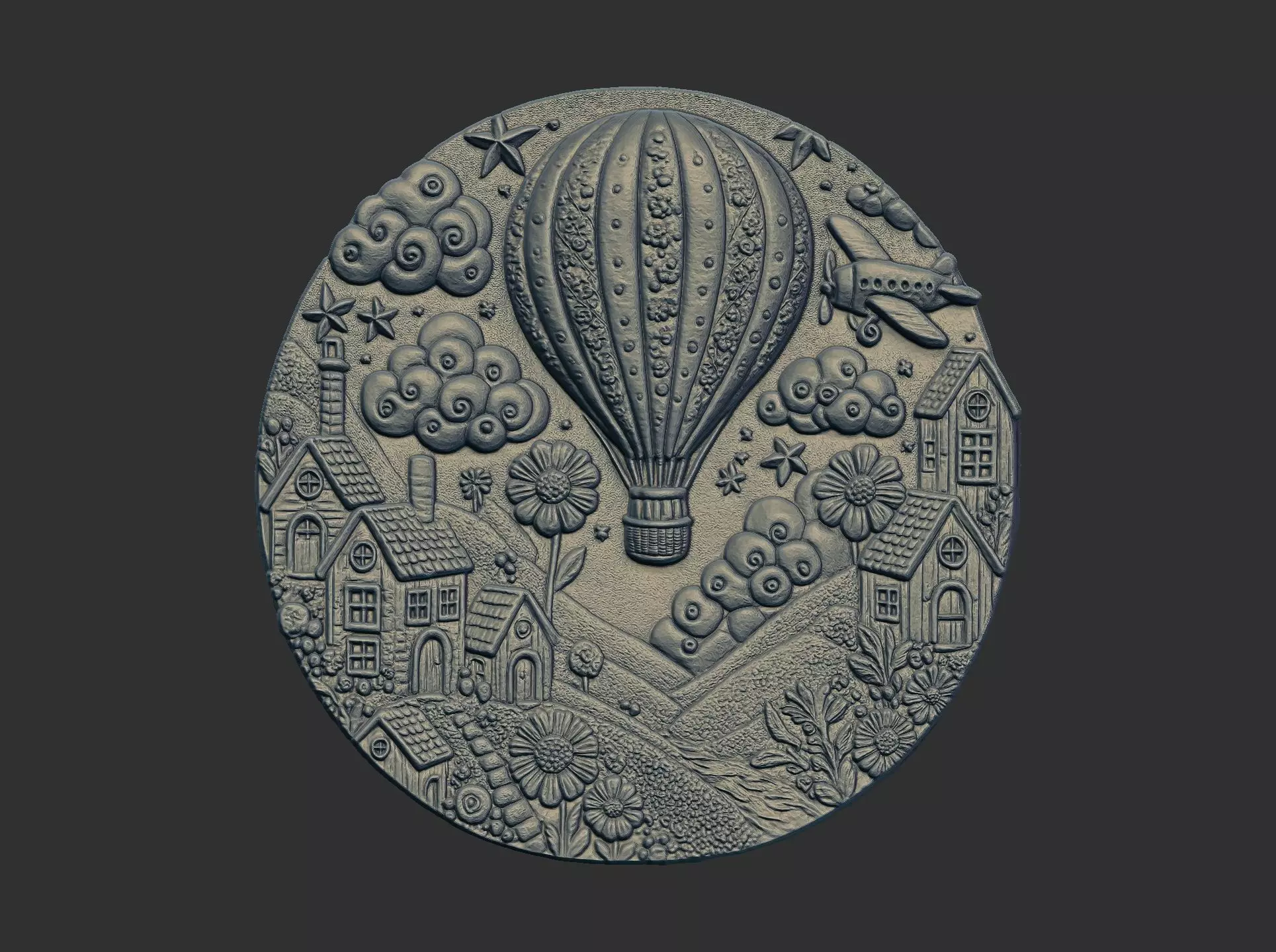 Air ballon rising above a vilage cnc model 3D print model