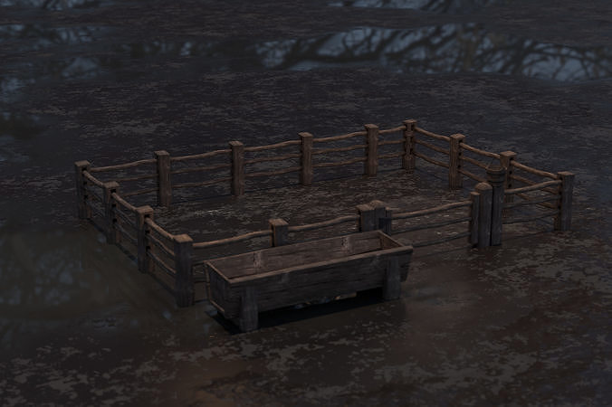 Wooden Fence Trough Gate and Bucket Low-poly 3D model