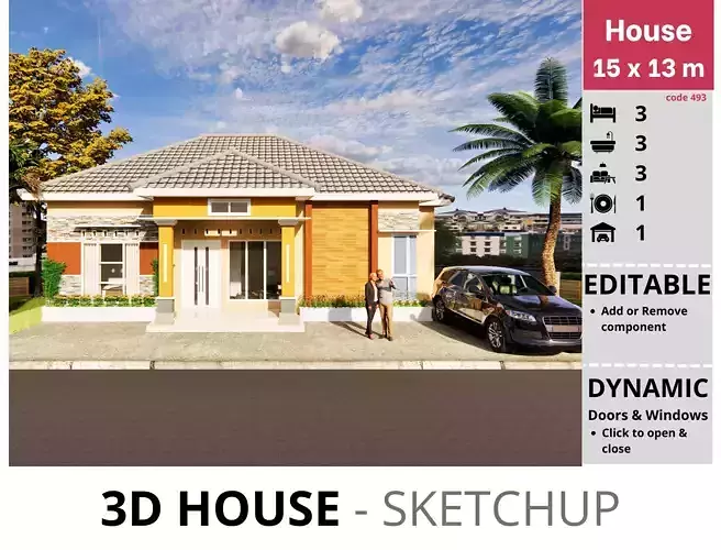 House 15x13m code 493- Sketchup 3D model 3D model
