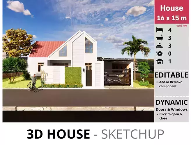 House 16x15m code 494- Sketchup 3D model 3D model