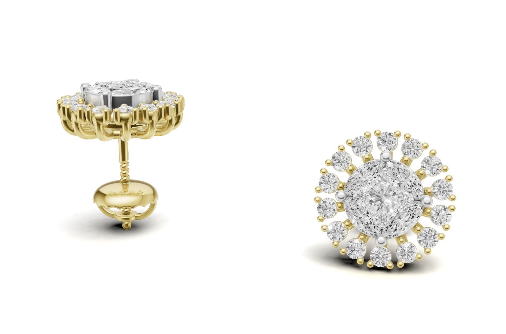 Sunburst Diamond Cluster Stud with Marquise Diamond 3D print model_1