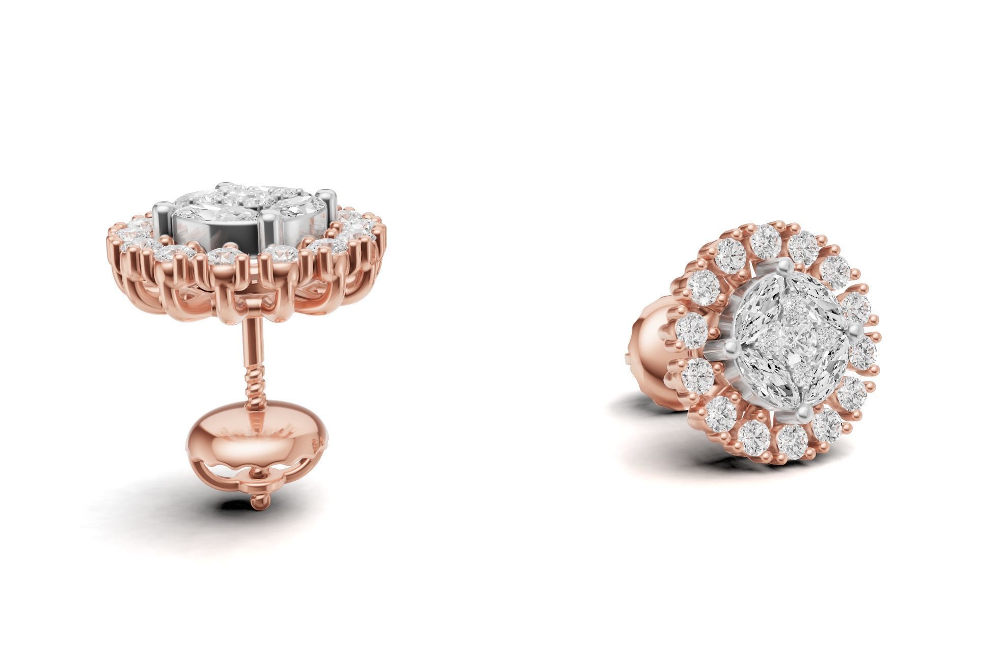 Sunburst Diamond Cluster Stud with Marquise Diamond 3D print model_4