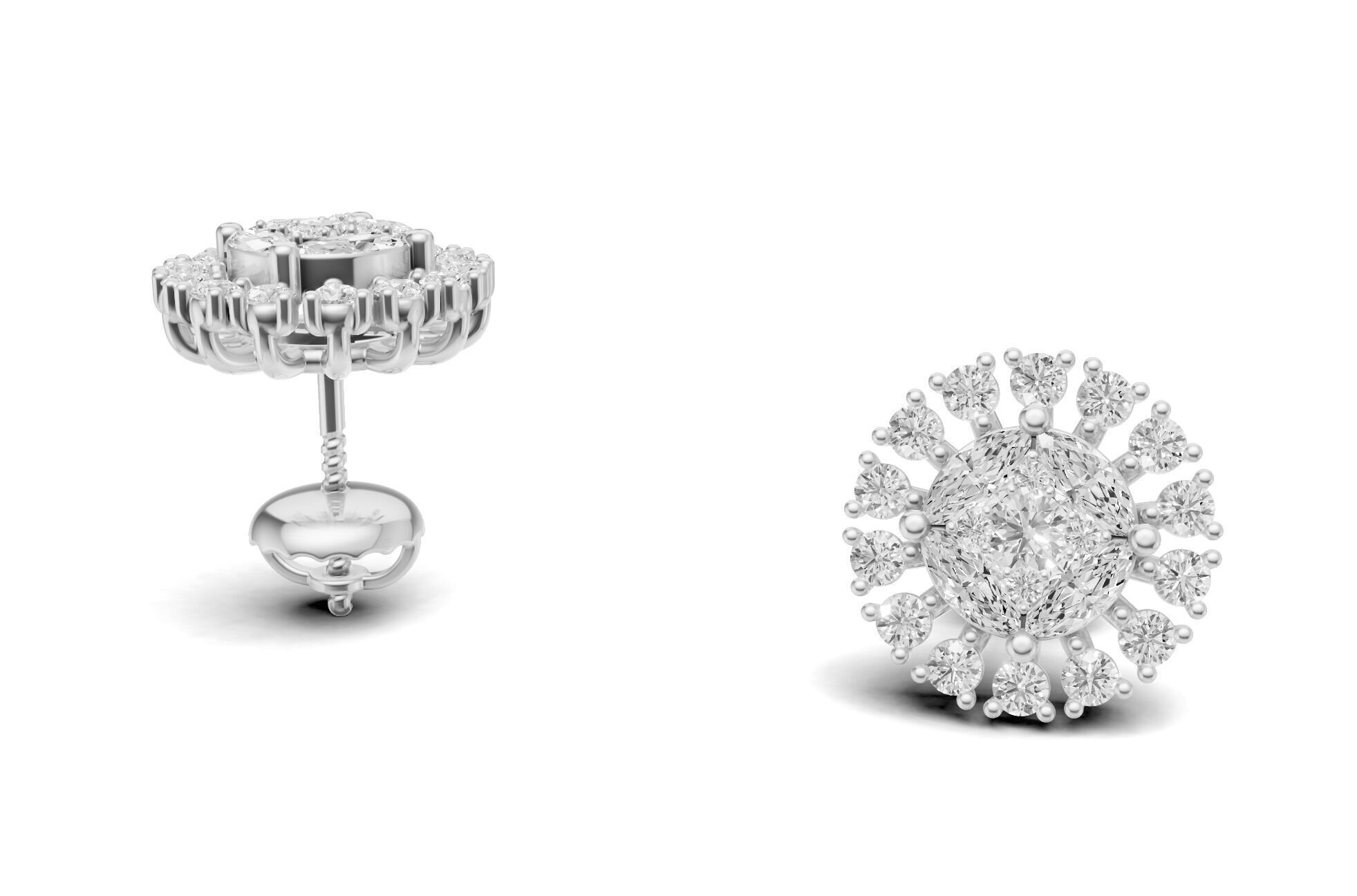 Sunburst Diamond Cluster Stud with Marquise Diamond 3D print model_2