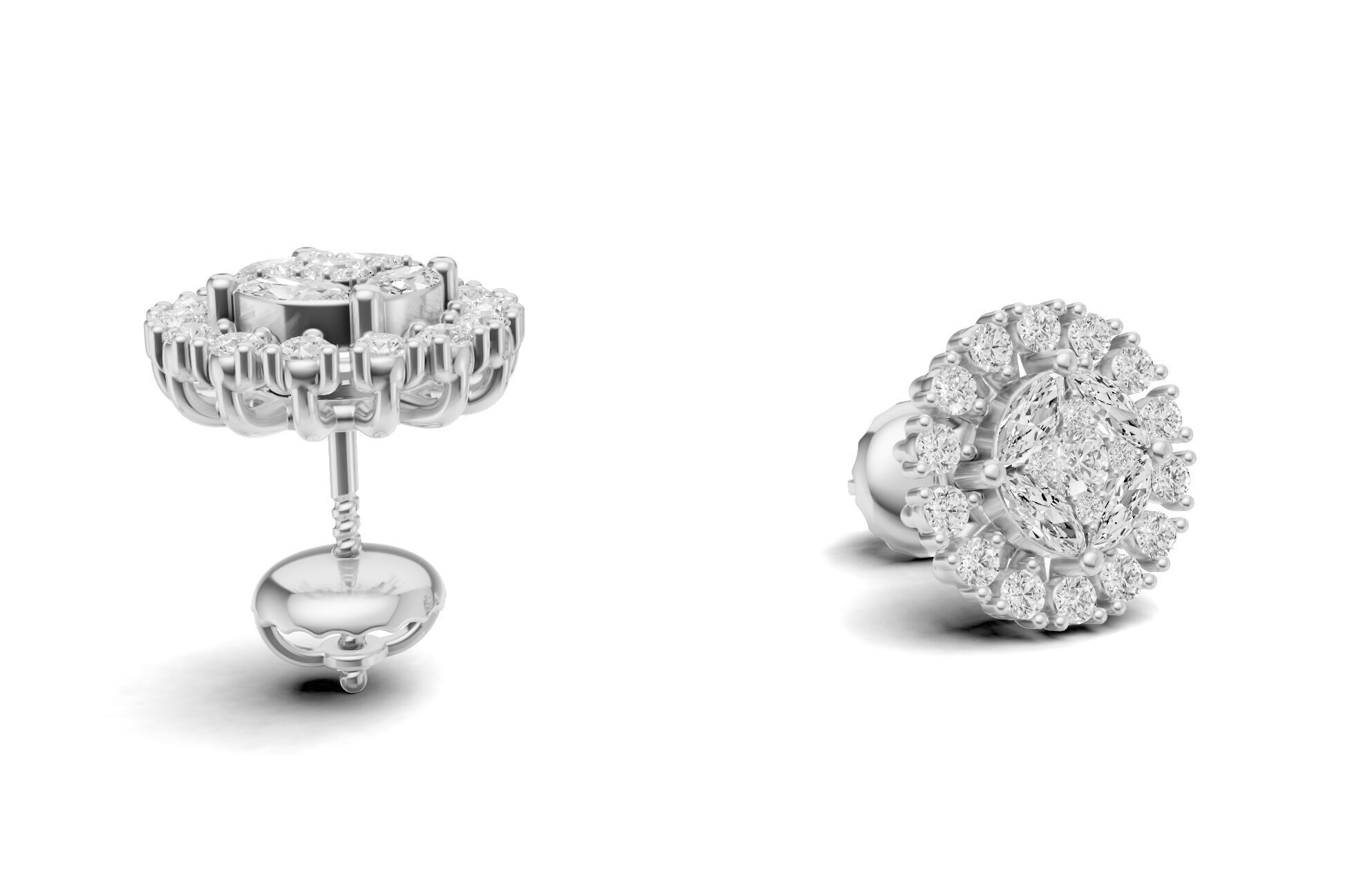 Sunburst Diamond Cluster Stud with Marquise Diamond 3D print model_6