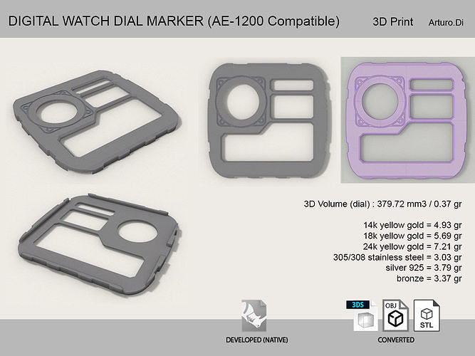 Digital watch dial marker AE 1200 compatible 3D print model
