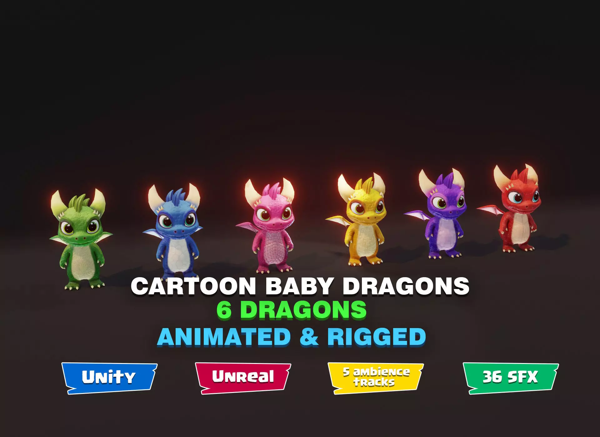 Cartoon Baby Dragons 3D Model 5 Music Tracks 36 Sound Effects Low-poly 3D model