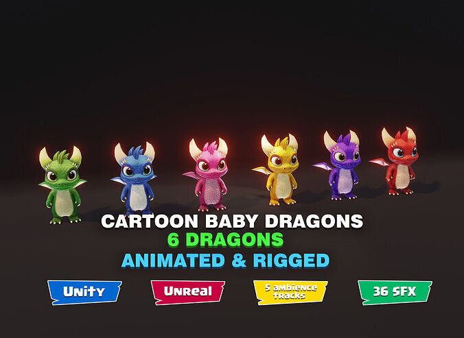 Cartoon Baby Dragons 3D Model 5 Music Tracks 36 Sound Effects Low-poly 3D model