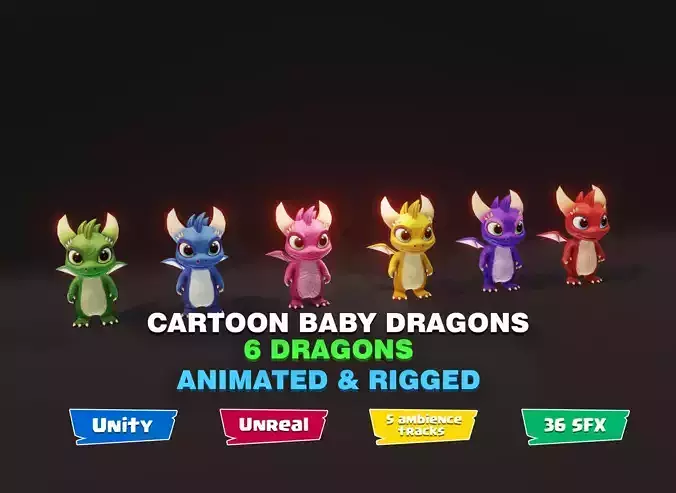 Cartoon Baby Dragons 3D Model 5 Music Tracks 36 Sound Effects
