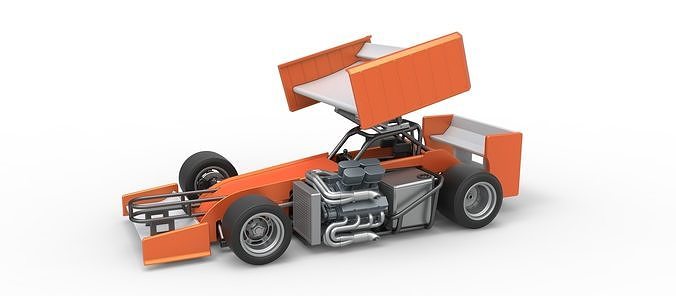 Supermodified front engine Winged race car V3 Scale 1 to 25 3D print model