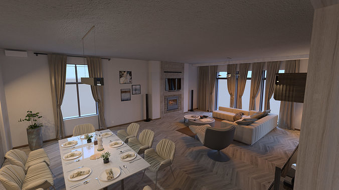 Living room plus dining area high poly and with accesories 3D model