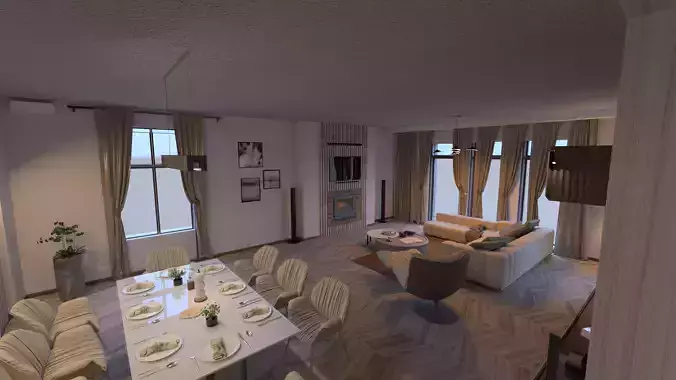 Living room plus dining area high poly and with accesories