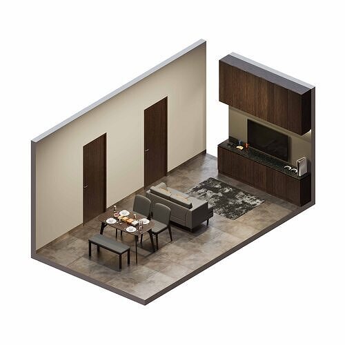 Isometric Open Space Interior Living Dining Room 3D model