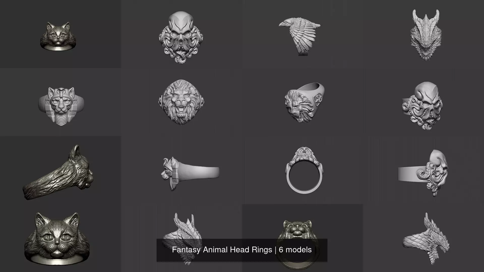 Fantasy Animal Head Rings 3D Model Collection_0