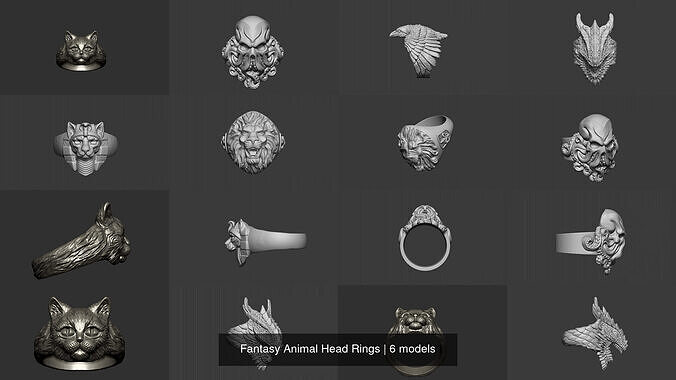 Fantasy Animal Head Rings 3D Model Collection