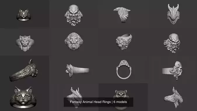 Fantasy Animal Head Rings 3D Model Collection