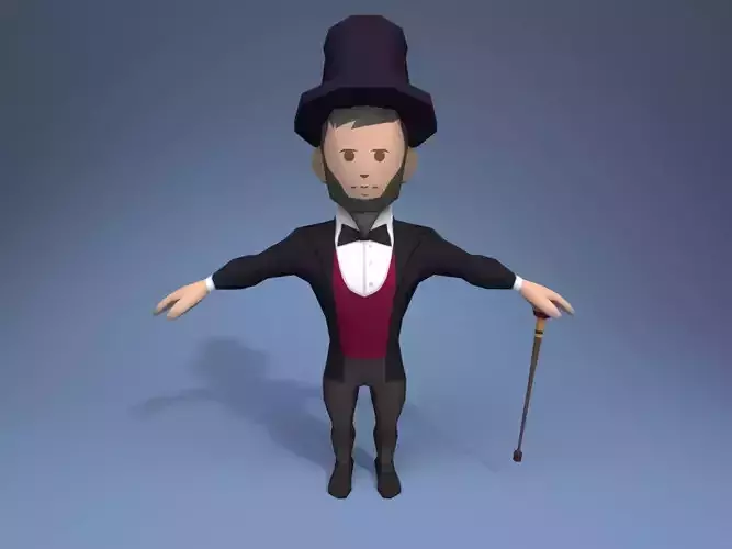 Gentleman man in top hat with cane Low-poly 3D model
