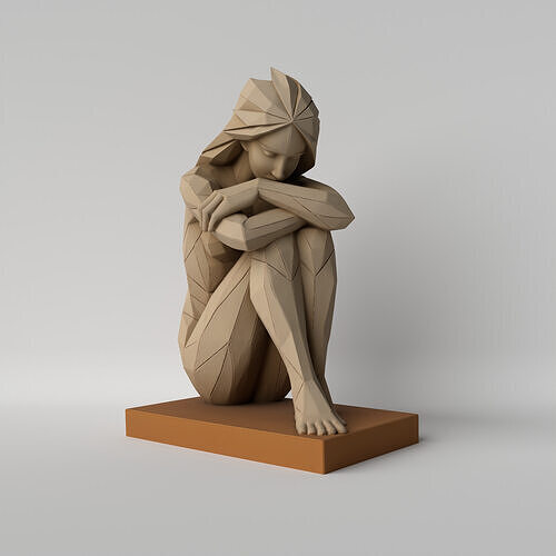 Low Poly Woman Sitting in Introspective Pose 3D print model