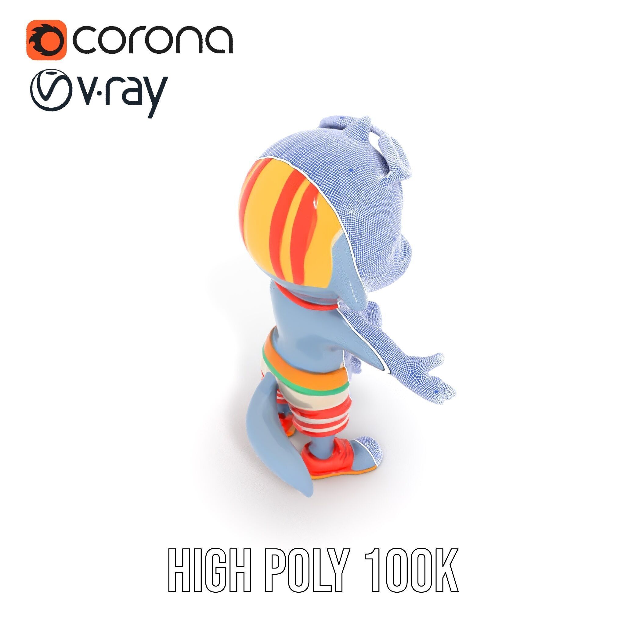 Smiling Dolphin Character in Shorts with Lifebuoy Rigged and ... Low-poly 3D model_31